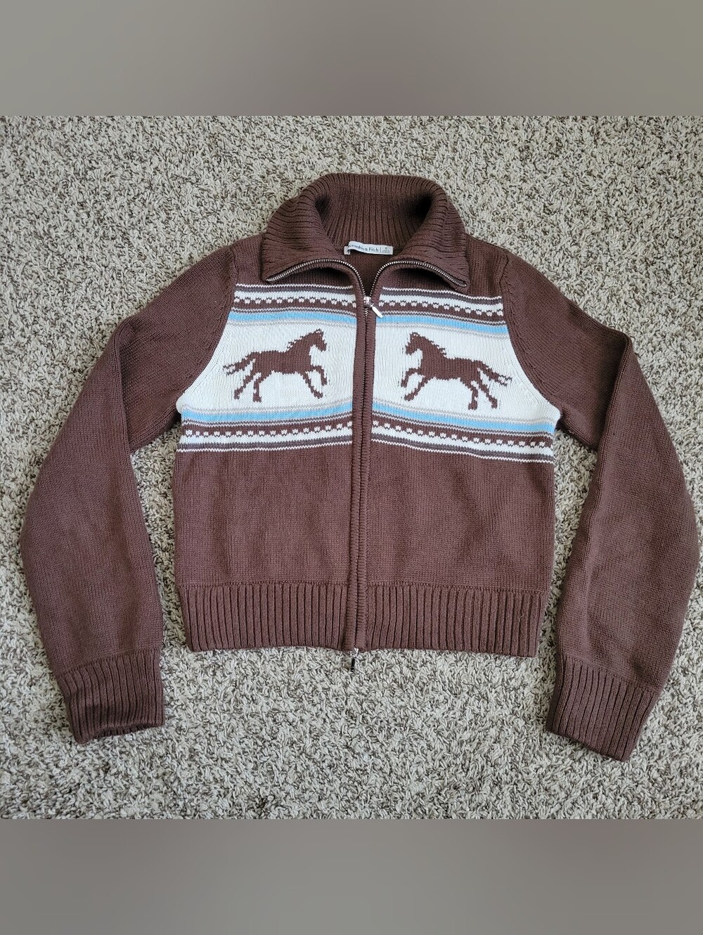 Abercrombie & Fitch Sweater Cardigan Double Zip Horse Brown White Western Small